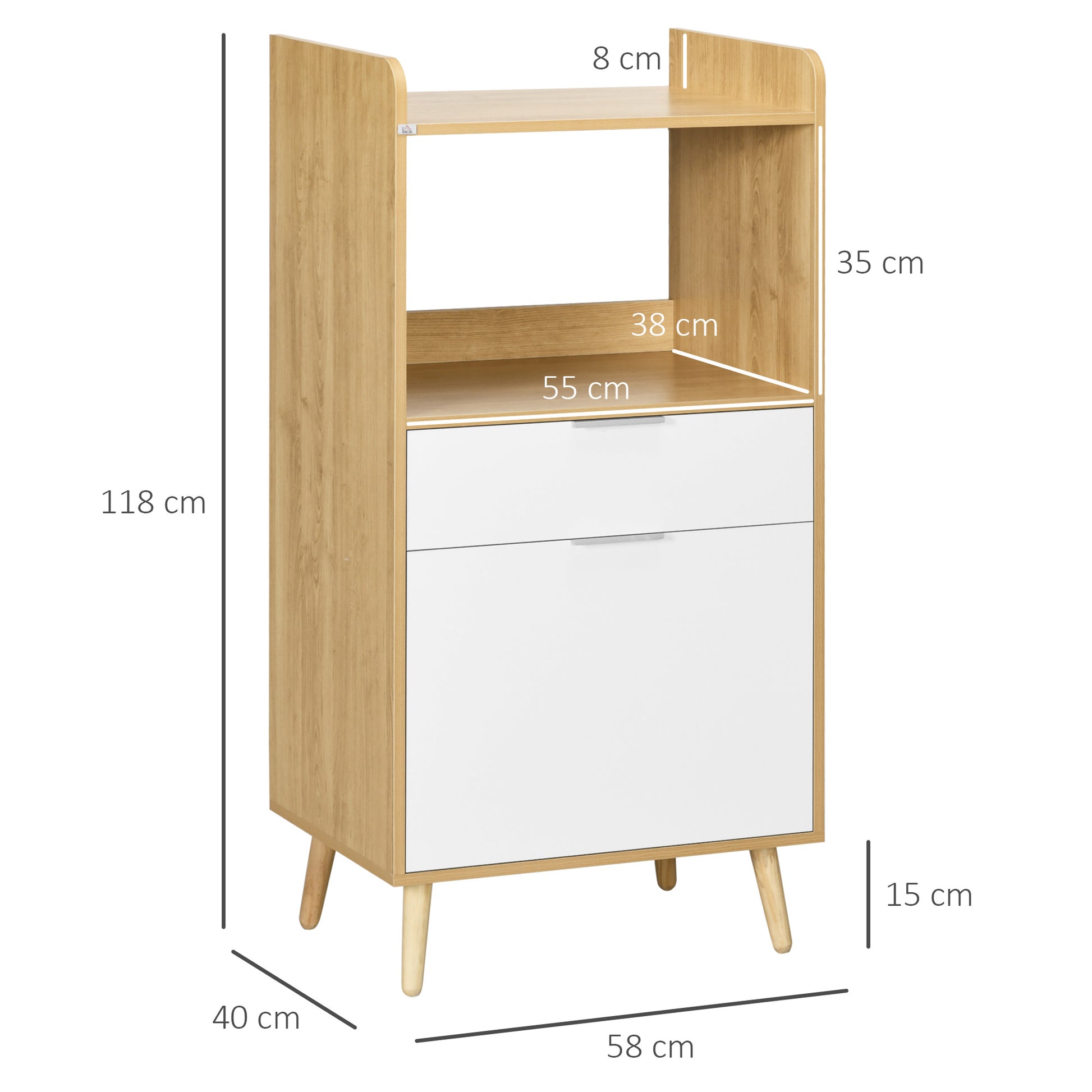 Scandinavian style kitchen cart for microwave with cupboard, drawer, adjustable shelf - 58 x 40 x 118 cm - natural and white
