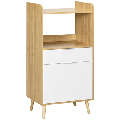 Scandinavian style kitchen cart for microwave with cupboard, drawer, adjustable shelf - 58 x 40 x 118 cm - natural and white