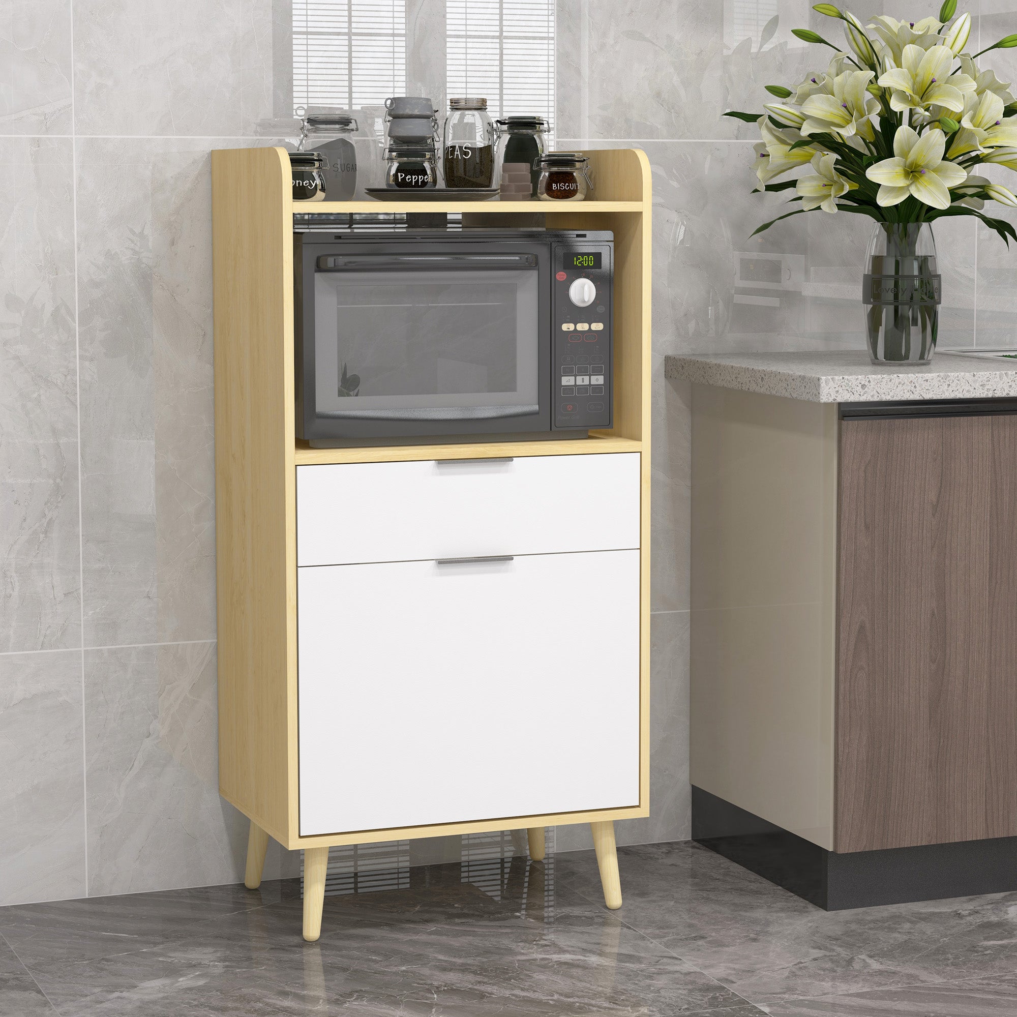Scandinavian style kitchen cart for microwave with cupboard, drawer, adjustable shelf - 58 x 40 x 118 cm - natural and white