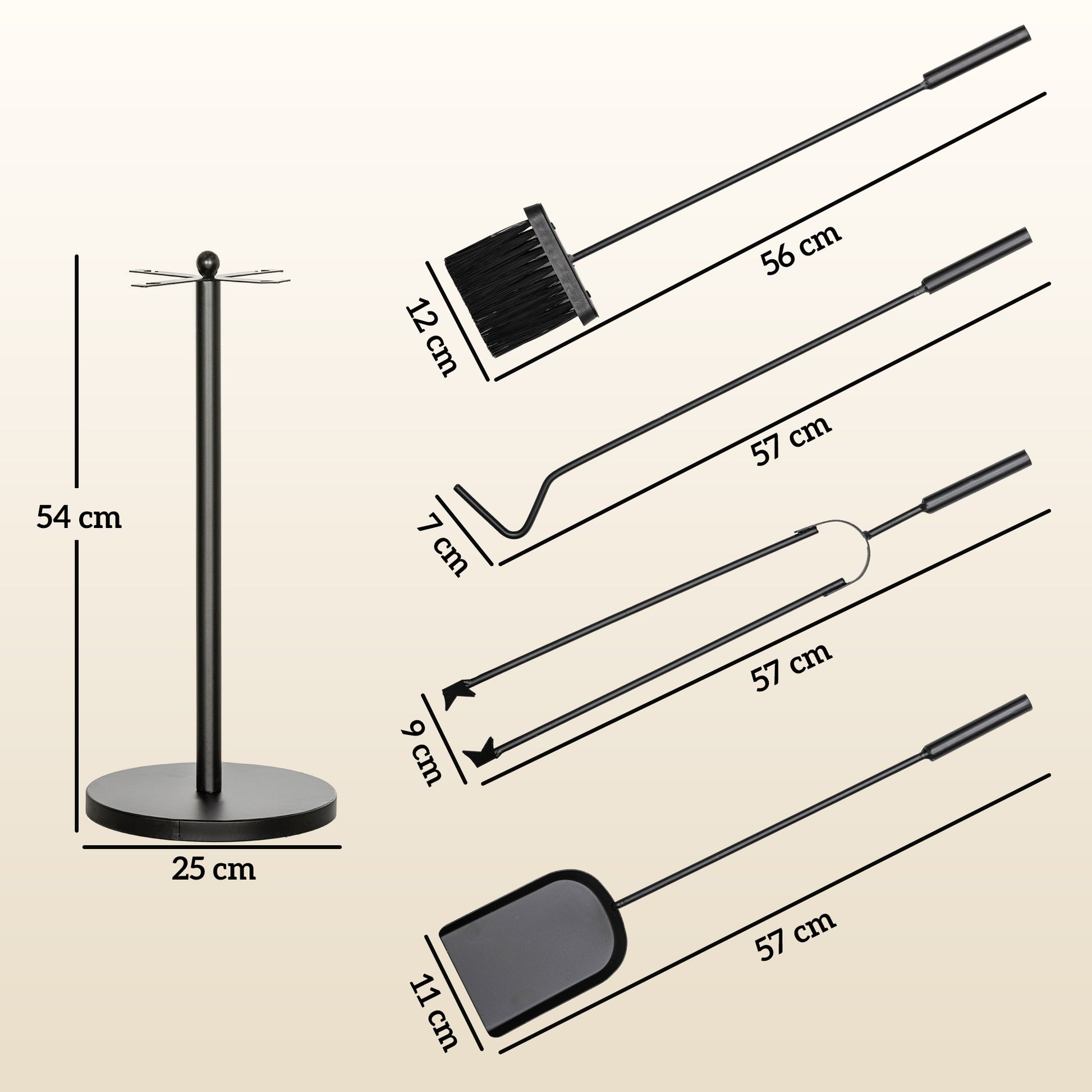 5-Piece Fireplace Tool Set Fireplace Accessories with Shovel, Broom, Tongs, Poker, and Stand, Fireplace Tool Set, Metal, Black