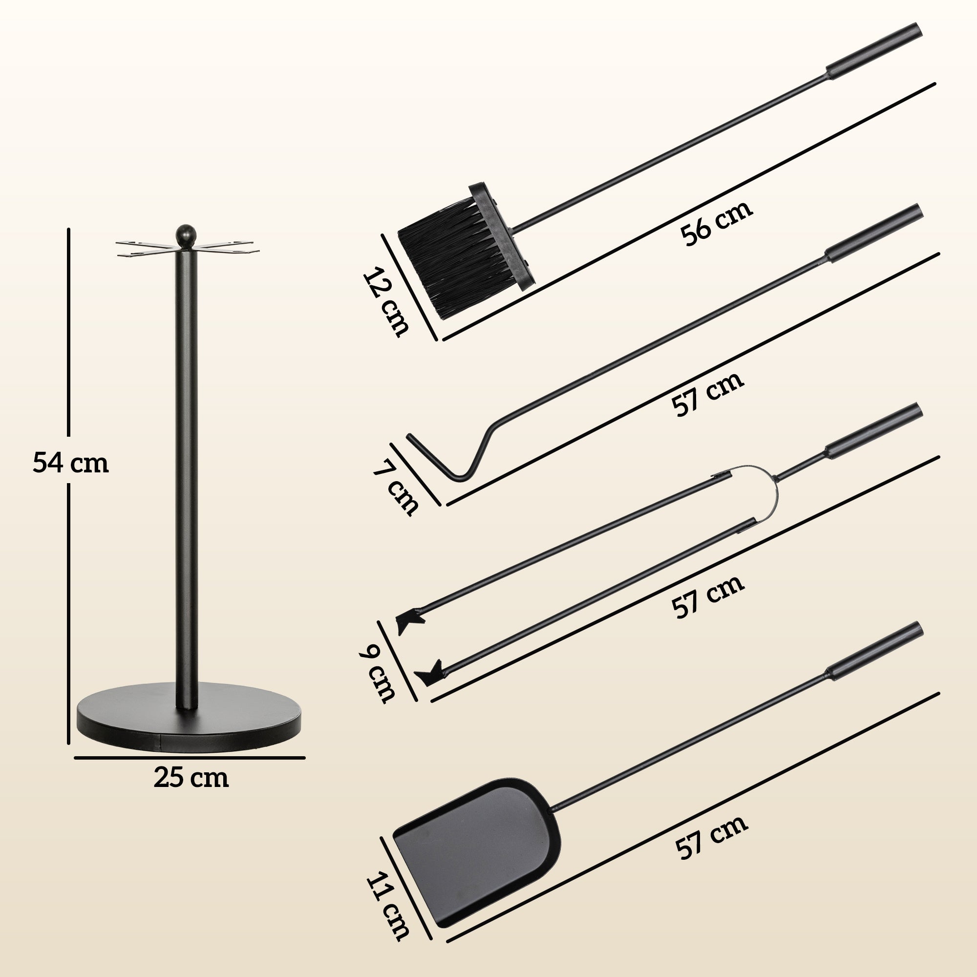 5-Piece Fireplace Tool Set Fireplace Accessories with Shovel, Broom, Tongs, Poker, and Stand, Fireplace Tool Set, Metal, Black