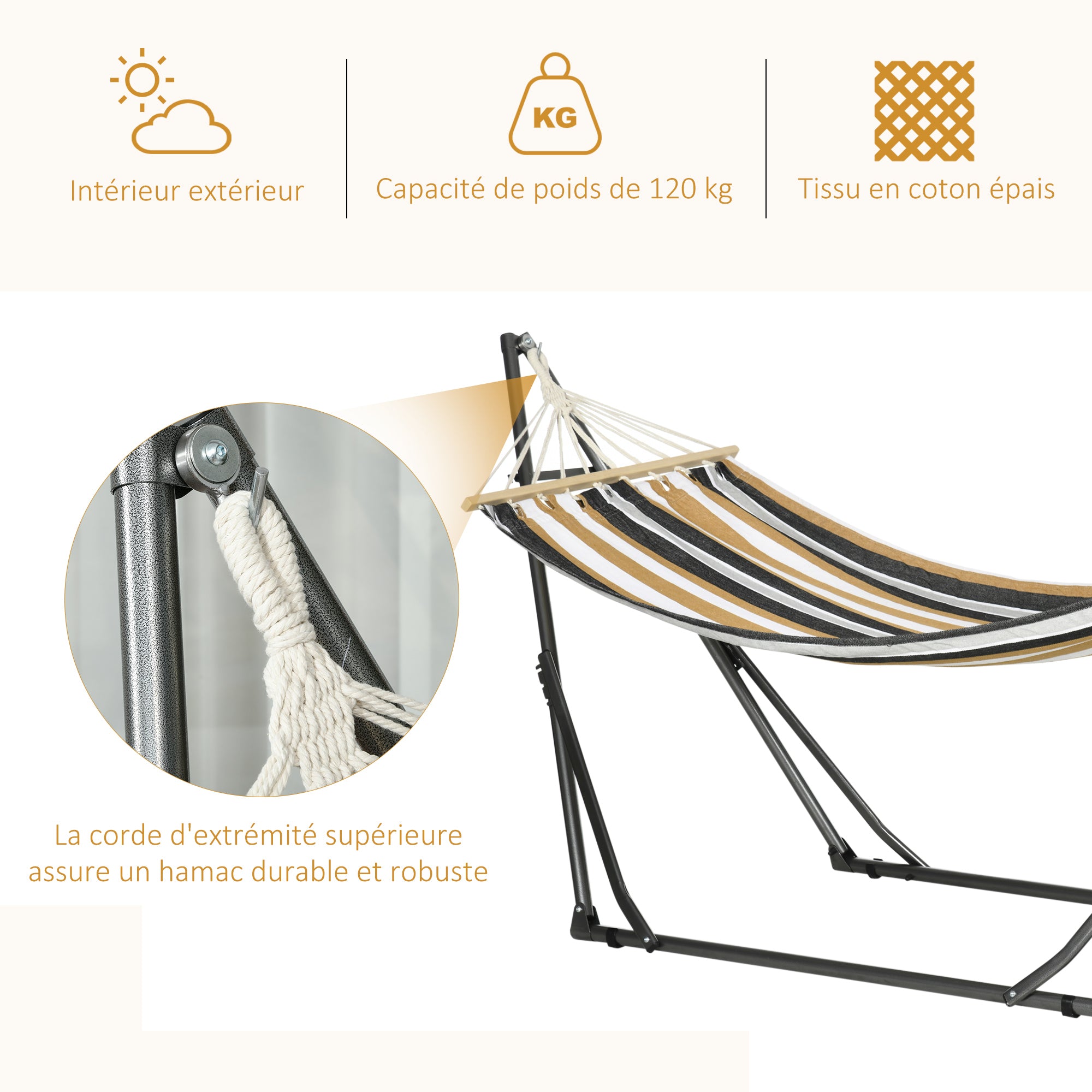 Folding Garden Hammock Clothesline Stand with Curved Metal Epoxy Stand 1 Seater max Load 120 kg dim. 270L x 100W x 94H cm