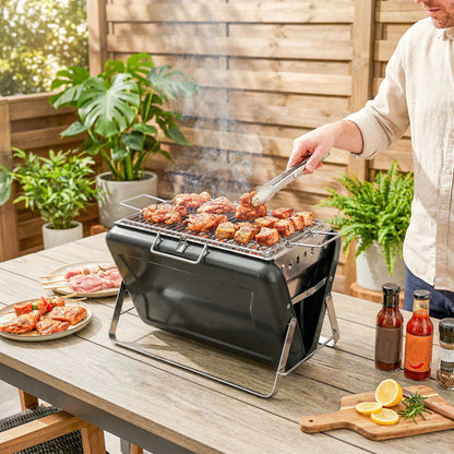Stainless Steel Charcoal BBQ Smoker with Cooking Grate — Portable Carry Handle, Folding Legs, Charcoal Stand Grill for Barbecue, Camping, Patio & Garden, 15.7 x 11.0 x 10.0 in, Black