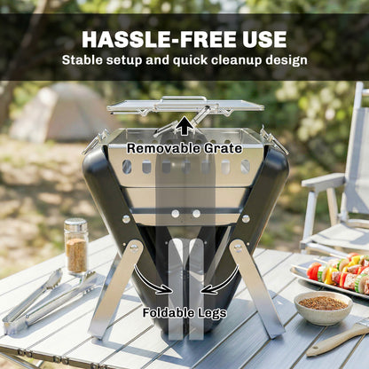 Stainless Steel Charcoal BBQ Smoker with Cooking Grate — Portable Carry Handle, Folding Legs, Charcoal Stand Grill for Barbecue, Camping, Patio & Garden, 15.7 x 11.0 x 10.0 in, Black
