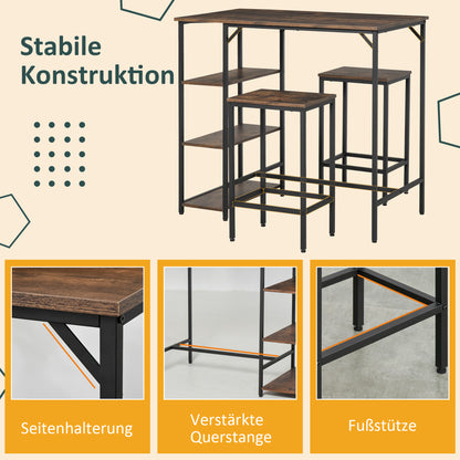 Bar Table Set High Table with 2 Bar Stools Dining Group 3-Piece Table Set Kitchen Counter with Shelves Chipboard Steel Rustic Brown+Black 109 x 60 x 100 cm