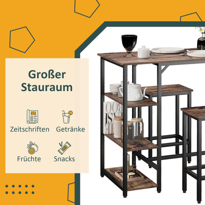 Bar Table Set High Table with 2 Bar Stools Dining Group 3-Piece Table Set Kitchen Counter with Shelves Chipboard Steel Rustic Brown+Black 109 x 60 x 100 cm
