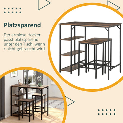 Bar Table Set High Table with 2 Bar Stools Dining Group 3-Piece Table Set Kitchen Counter with Shelves Chipboard Steel Rustic Brown+Black 109 x 60 x 100 cm