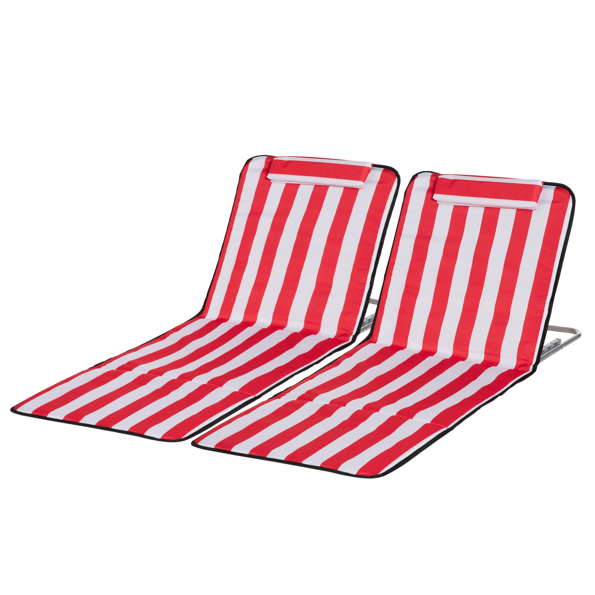 Set of 2 Adjustable Backrest Beach Loungers with 5 Positions, Headrest and Travel Bag, Folding Beach Loungers in Steel and PE, 124x53x35-45 cm, Red and White
