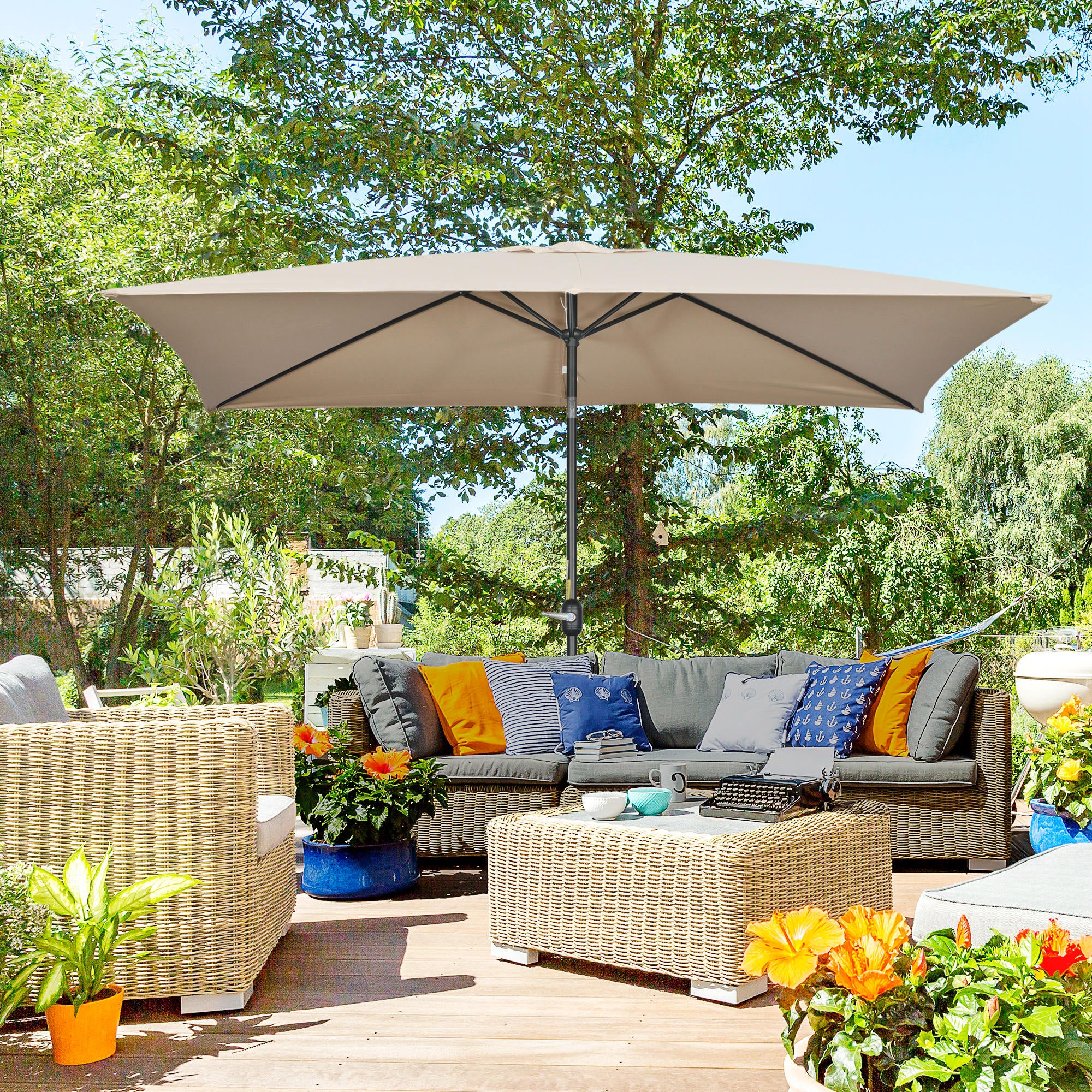 Aluminum Umbrella 200x300x253 cm Rectangular Garden Parasol with Crank and Detachable Pole for Terrace Pool Patio Outdoor Khaki