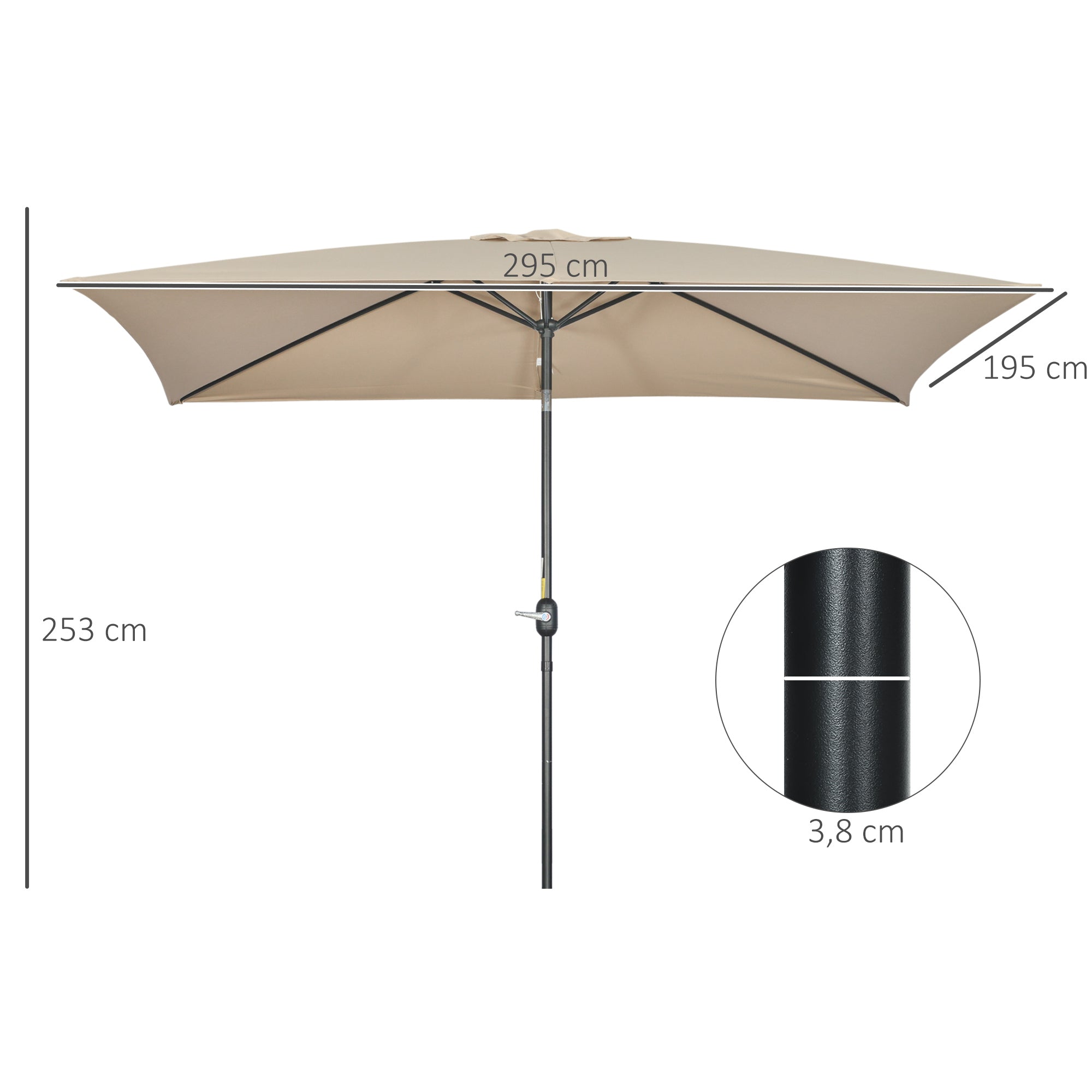 Aluminum Umbrella 200x300x253 cm Rectangular Garden Parasol with Crank and Detachable Pole for Terrace Pool Patio Outdoor Khaki