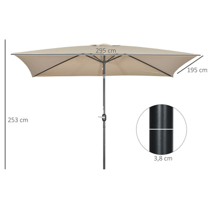Aluminum Umbrella 200x300x253 cm Rectangular Garden Parasol with Crank and Detachable Pole for Terrace Pool Patio Outdoor Khaki
