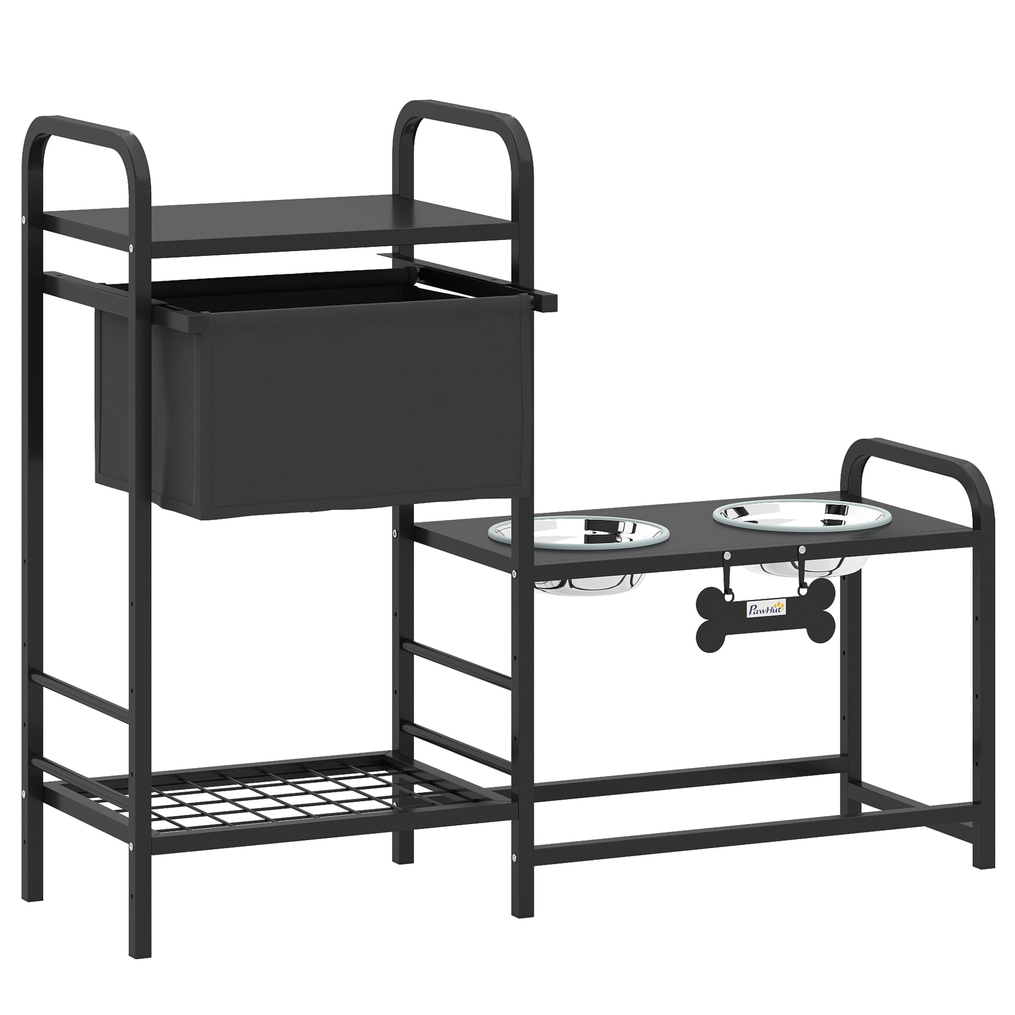 Adjustable Elevated Dog Bowl with Storage — 2 x 800 ml Stainless Bowls, 2-Tier Shelving, Adjustable Height, Black