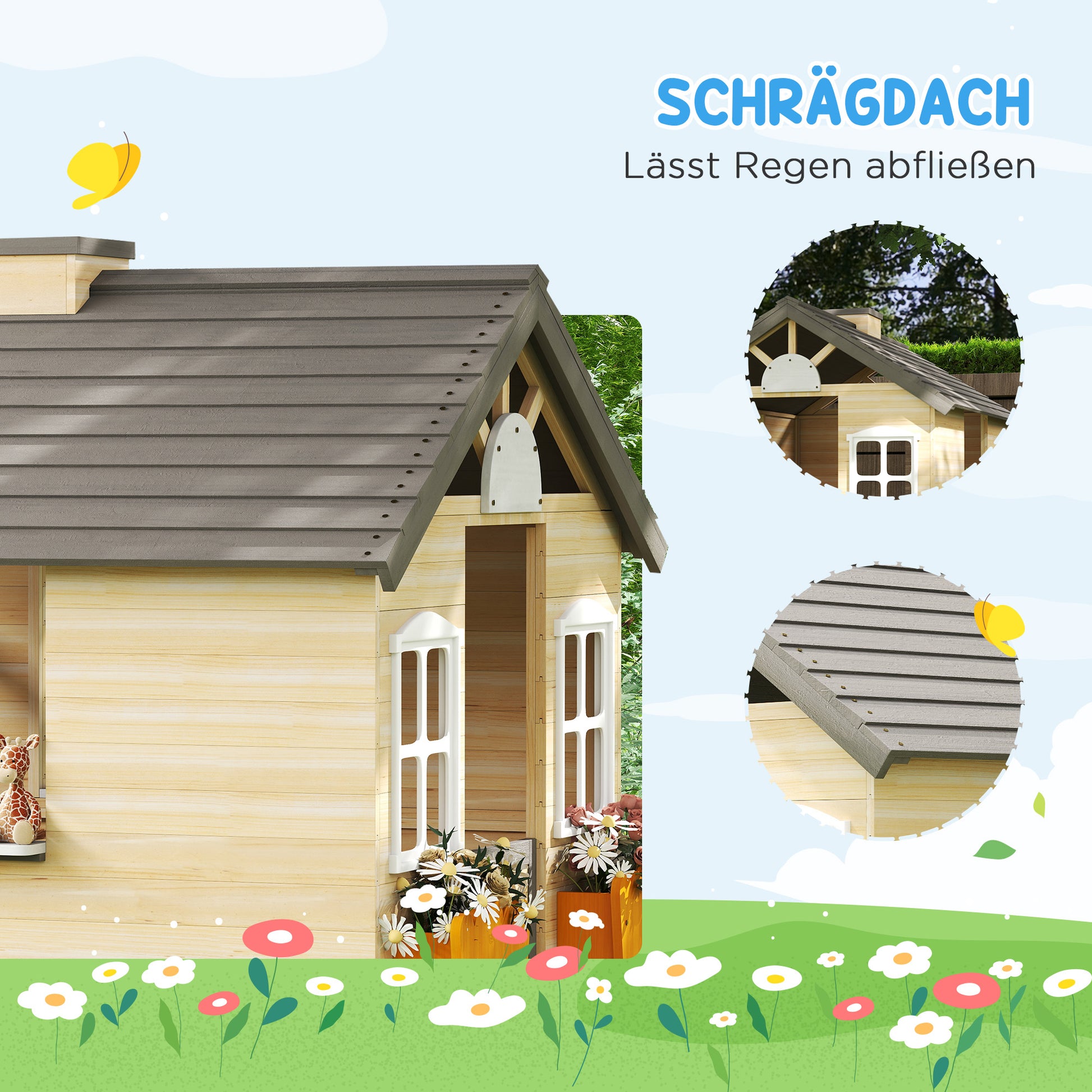 Playhouse for Kids Wooden Children's Playhouse with Window Mailbox Outdoor Garden Playhouse with Flower Pot Rack Wooden Playhouse for 3-7 Years Pine Wood Natural 113 x 94 x 134.5 cm