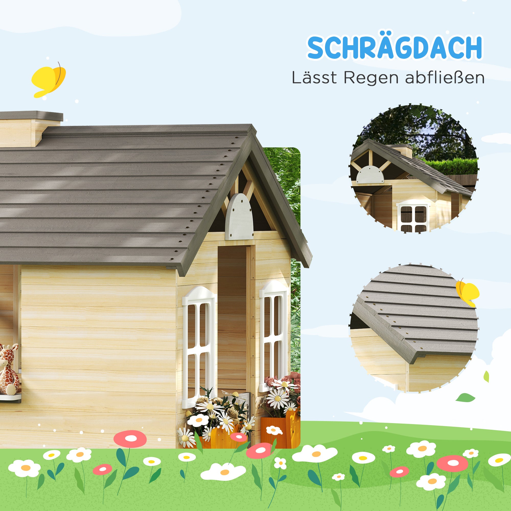 Playhouse for Kids Wooden Children's Playhouse with Window Mailbox Outdoor Garden Playhouse with Flower Pot Rack Wooden Playhouse for 3-7 Years Pine Wood Natural 113 x 94 x 134.5 cm