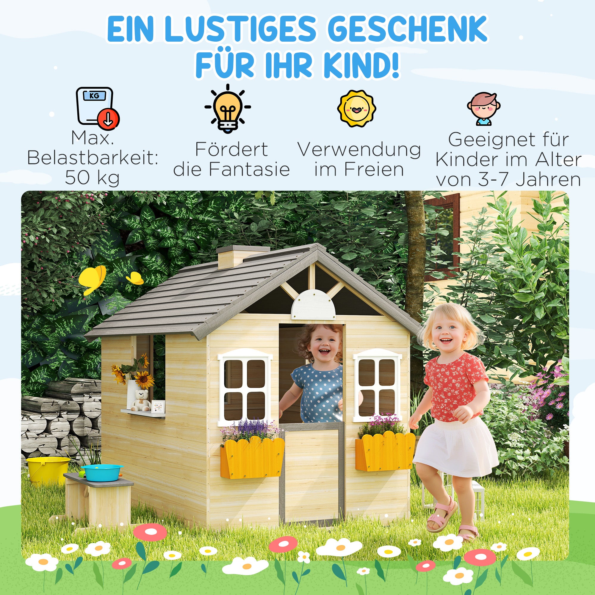 Playhouse for Kids Wooden Children's Playhouse with Window Mailbox Outdoor Garden Playhouse with Flower Pot Rack Wooden Playhouse for 3-7 Years Pine Wood Natural 113 x 94 x 134.5 cm