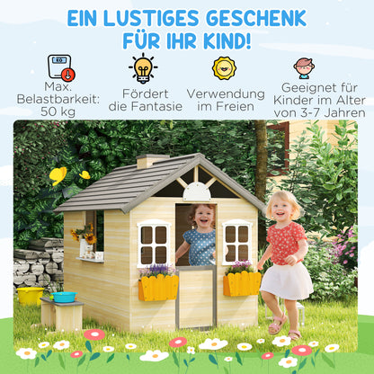 Playhouse for Kids Wooden Children's Playhouse with Window Mailbox Outdoor Garden Playhouse with Flower Pot Rack Wooden Playhouse for 3-7 Years Pine Wood Natural 113 x 94 x 134.5 cm