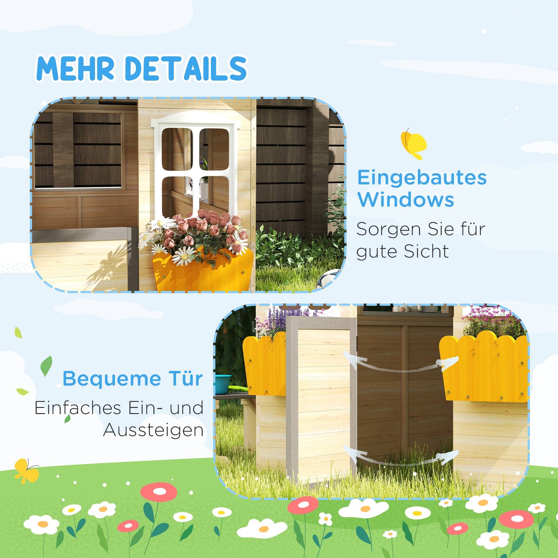 Playhouse for Kids Wooden Children's Playhouse with Window Mailbox Outdoor Garden Playhouse with Flower Pot Rack Wooden Playhouse for 3-7 Years Pine Wood Natural 113 x 94 x 134.5 cm