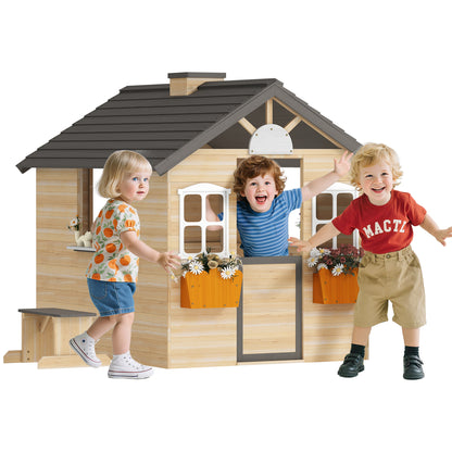 Playhouse for Kids Wooden Children's Playhouse with Window Mailbox Outdoor Garden Playhouse with Flower Pot Rack Wooden Playhouse for 3-7 Years Pine Wood Natural 113 x 94 x 134.5 cm