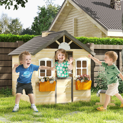 Playhouse for Kids Wooden Children's Playhouse with Window Mailbox Outdoor Garden Playhouse with Flower Pot Rack Wooden Playhouse for 3-7 Years Pine Wood Natural 113 x 94 x 134.5 cm