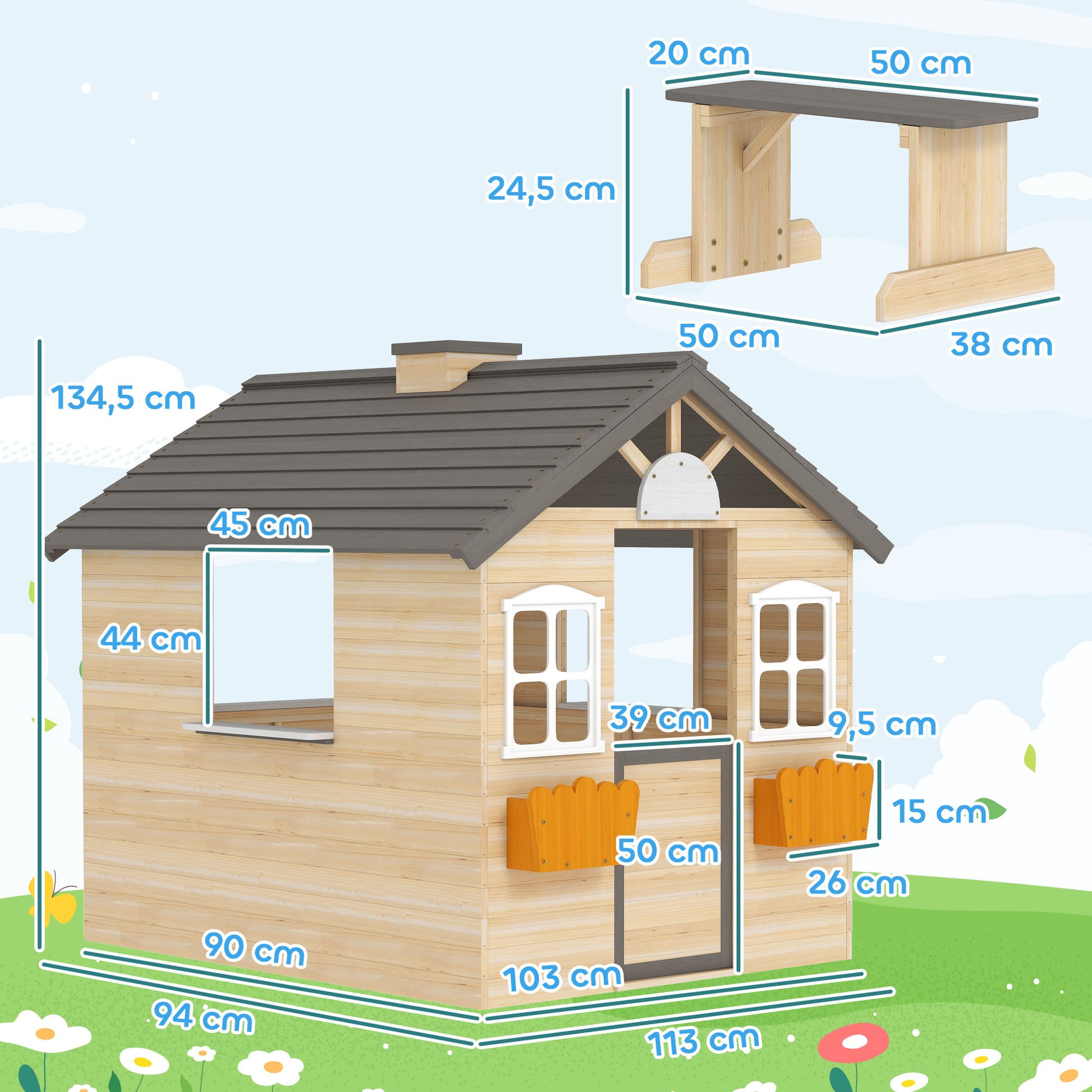 Playhouse for Kids Wooden Children's Playhouse with Window Mailbox Outdoor Garden Playhouse with Flower Pot Rack Wooden Playhouse for 3-7 Years Pine Wood Natural 113 x 94 x 134.5 cm