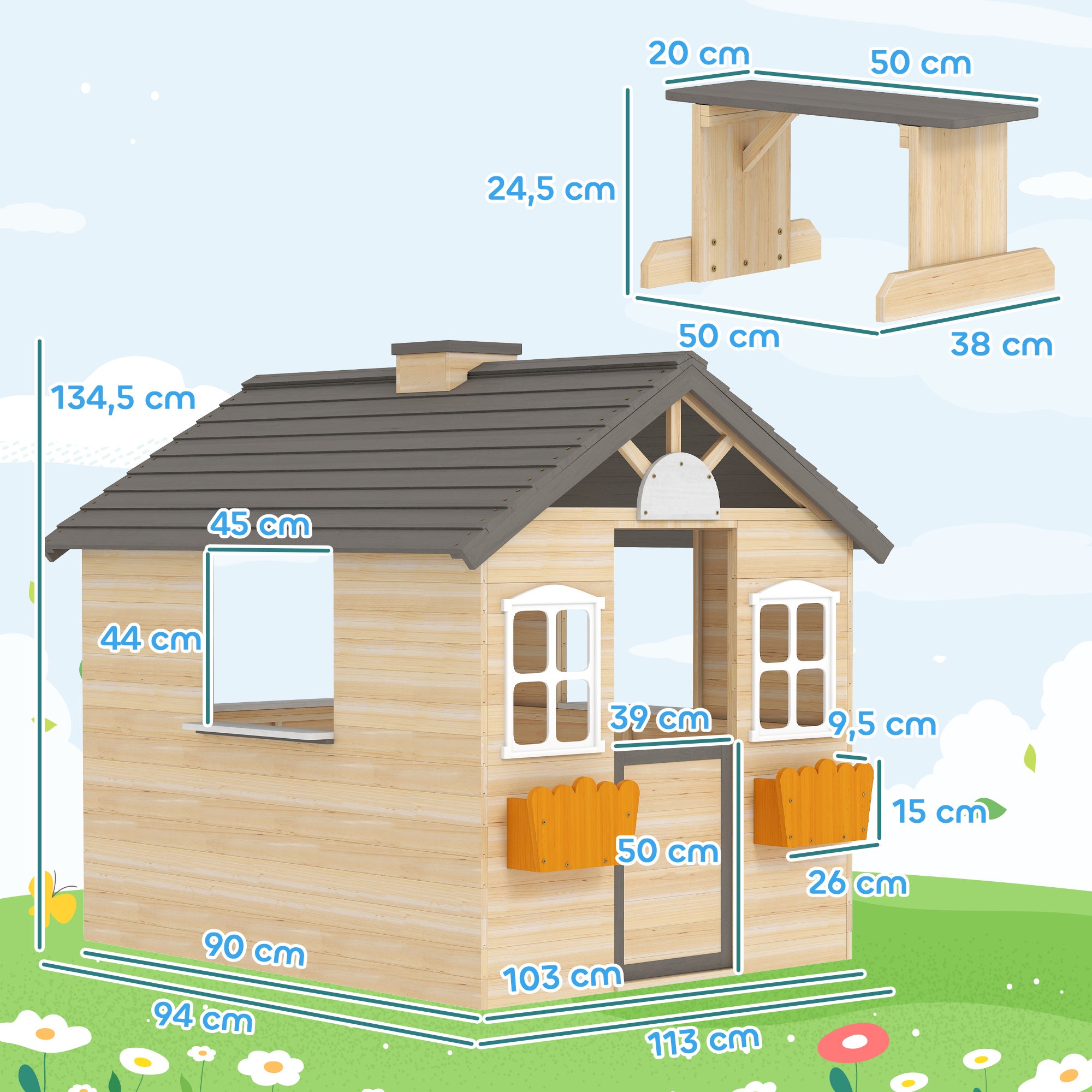 Playhouse for Kids Wooden Children's Playhouse with Window Mailbox Outdoor Garden Playhouse with Flower Pot Rack Wooden Playhouse for 3-7 Years Pine Wood Natural 113 x 94 x 134.5 cm