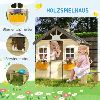 Playhouse for Kids Wooden Children's Playhouse with Window Mailbox Outdoor Garden Playhouse with Flower Pot Rack Wooden Playhouse for 3-7 Years Pine Wood Natural 113 x 94 x 134.5 cm