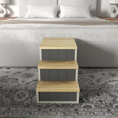 2-in-1 Dog Stairs, Cat Stairs with Cave, Pet Stairs with 3 Steps, Wooden Pet Ramp, Cat Ladder up to 8 kg Capacity, for Sofa, Bed, Natural, Gray