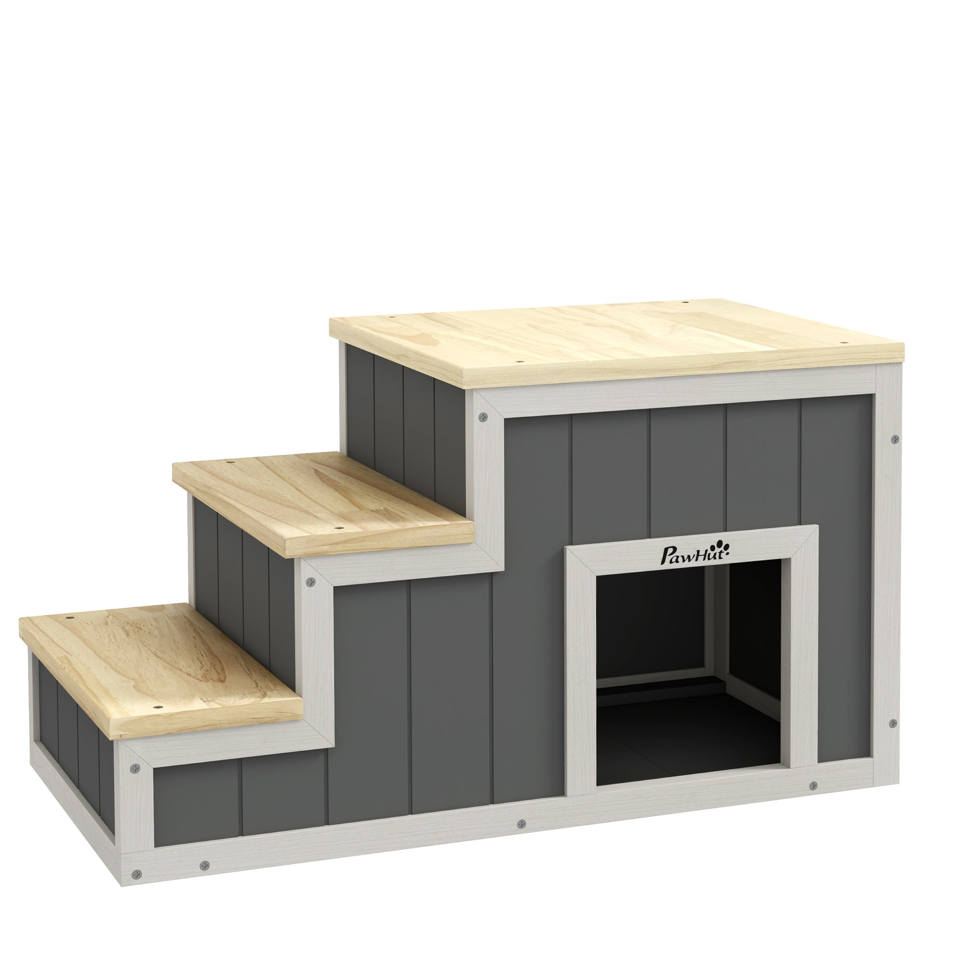 2-in-1 Dog Stairs, Cat Stairs with Cave, Pet Stairs with 3 Steps, Wooden Pet Ramp, Cat Ladder up to 8 kg Capacity, for Sofa, Bed, Natural, Gray