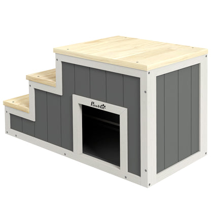 2-in-1 Dog Stairs, Cat Stairs with Cave, Pet Stairs with 3 Steps, Wooden Pet Ramp, Cat Ladder up to 8 kg Capacity, for Sofa, Bed, Natural, Gray