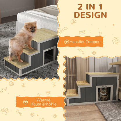 2-in-1 Dog Stairs, Cat Stairs with Cave, Pet Stairs with 3 Steps, Wooden Pet Ramp, Cat Ladder up to 8 kg Capacity, for Sofa, Bed, Natural, Gray