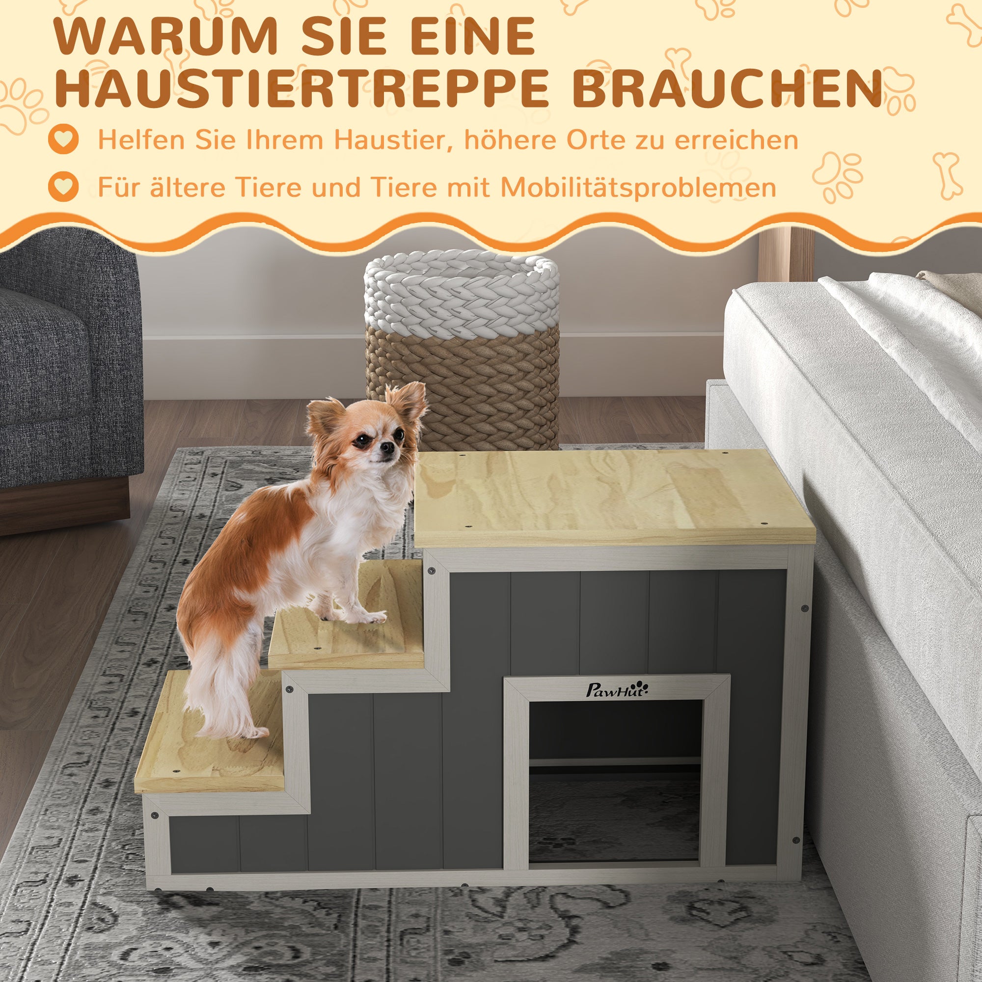 2-in-1 Dog Stairs, Cat Stairs with Cave, Pet Stairs with 3 Steps, Wooden Pet Ramp, Cat Ladder up to 8 kg Capacity, for Sofa, Bed, Natural, Gray