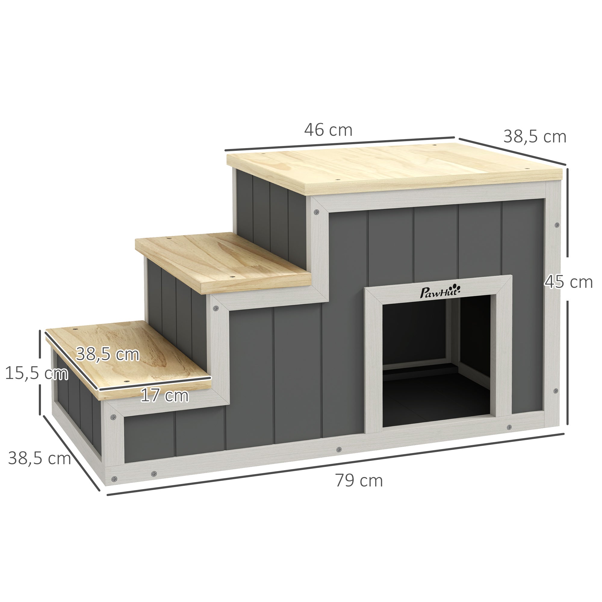 2-in-1 Dog Stairs, Cat Stairs with Cave, Pet Stairs with 3 Steps, Wooden Pet Ramp, Cat Ladder up to 8 kg Capacity, for Sofa, Bed, Natural, Gray