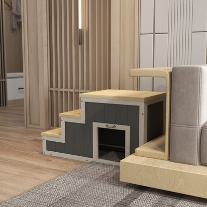 2-in-1 Dog Stairs, Cat Stairs with Cave, Pet Stairs with 3 Steps, Wooden Pet Ramp, Cat Ladder up to 8 kg Capacity, for Sofa, Bed, Natural, Gray