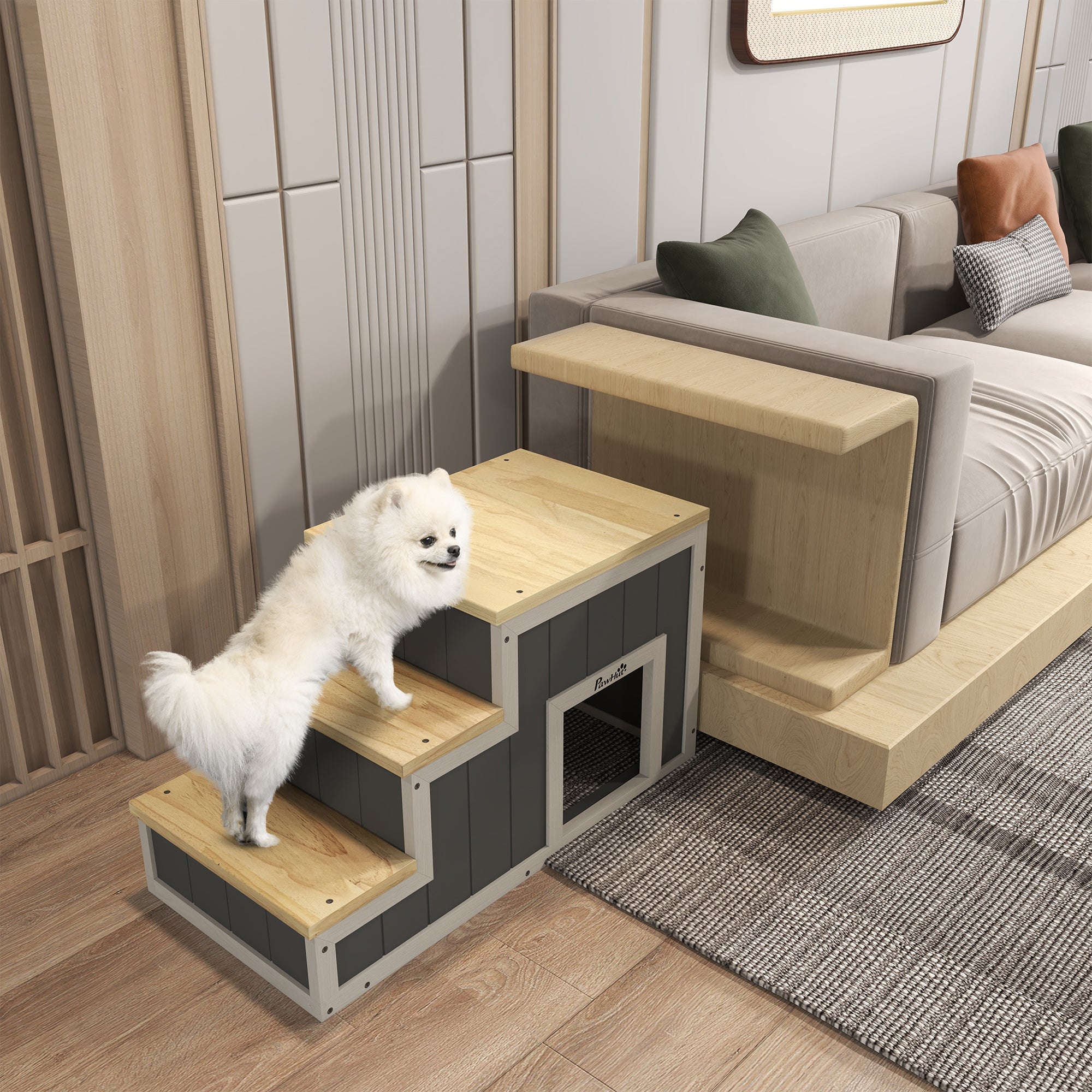 2-in-1 Dog Stairs, Cat Stairs with Cave, Pet Stairs with 3 Steps, Wooden Pet Ramp, Cat Ladder up to 8 kg Capacity, for Sofa, Bed, Natural, Gray