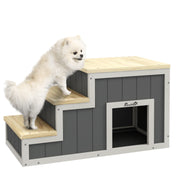 2-in-1 Dog Stairs, Cat Stairs with Cave, Pet Stairs with 3 Steps, Wooden Pet Ramp, Cat Ladder up to 8 kg Capacity, for Sofa, Bed, Natural, Gray