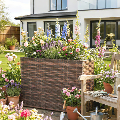 Raised Planter with Adjustable Feet for Terrace & Balcony — PE Rattan, Freestanding Steel Frame with Removable Liner, Brown