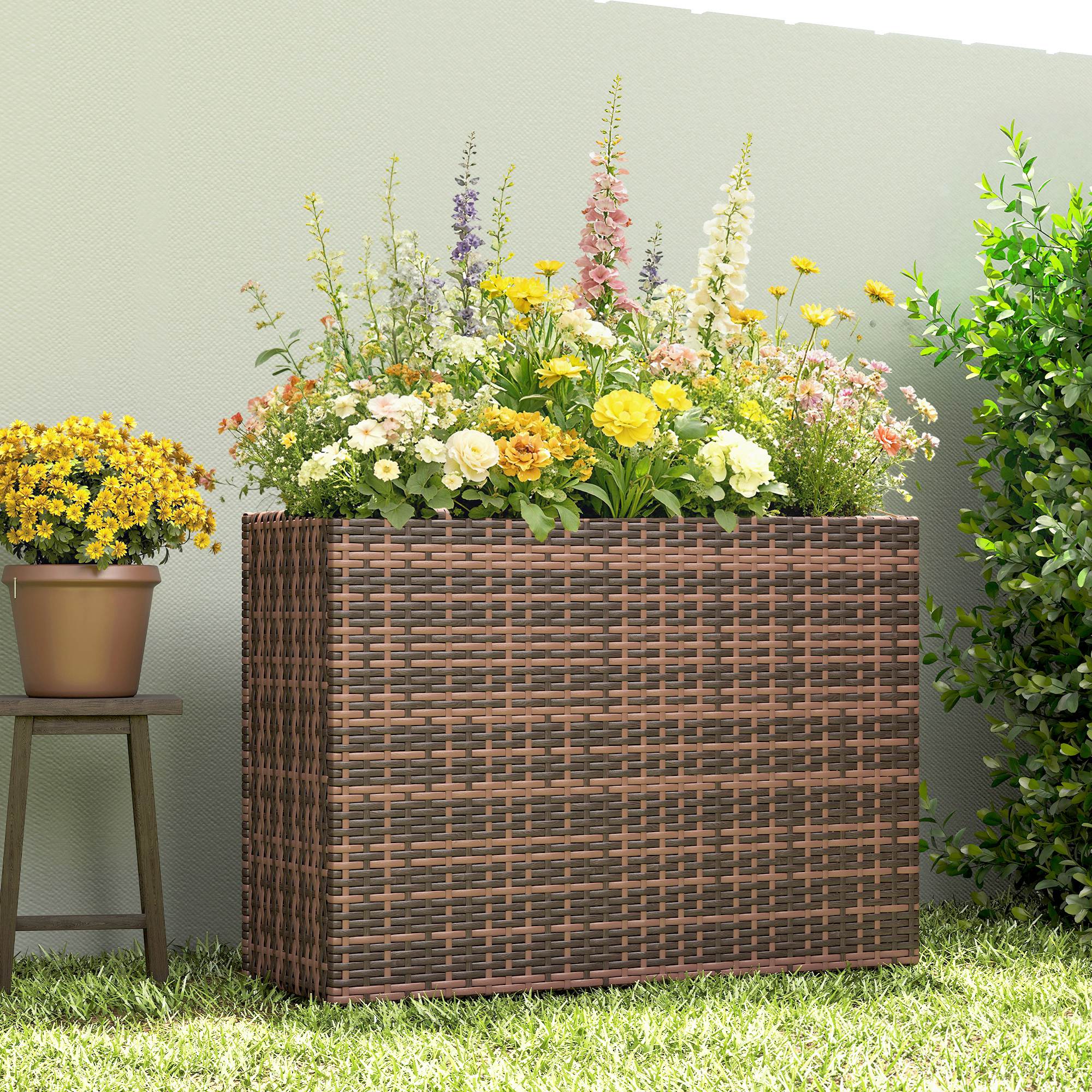 Raised Planter with Adjustable Feet for Terrace & Balcony — PE Rattan, Freestanding Steel Frame with Removable Liner, Brown