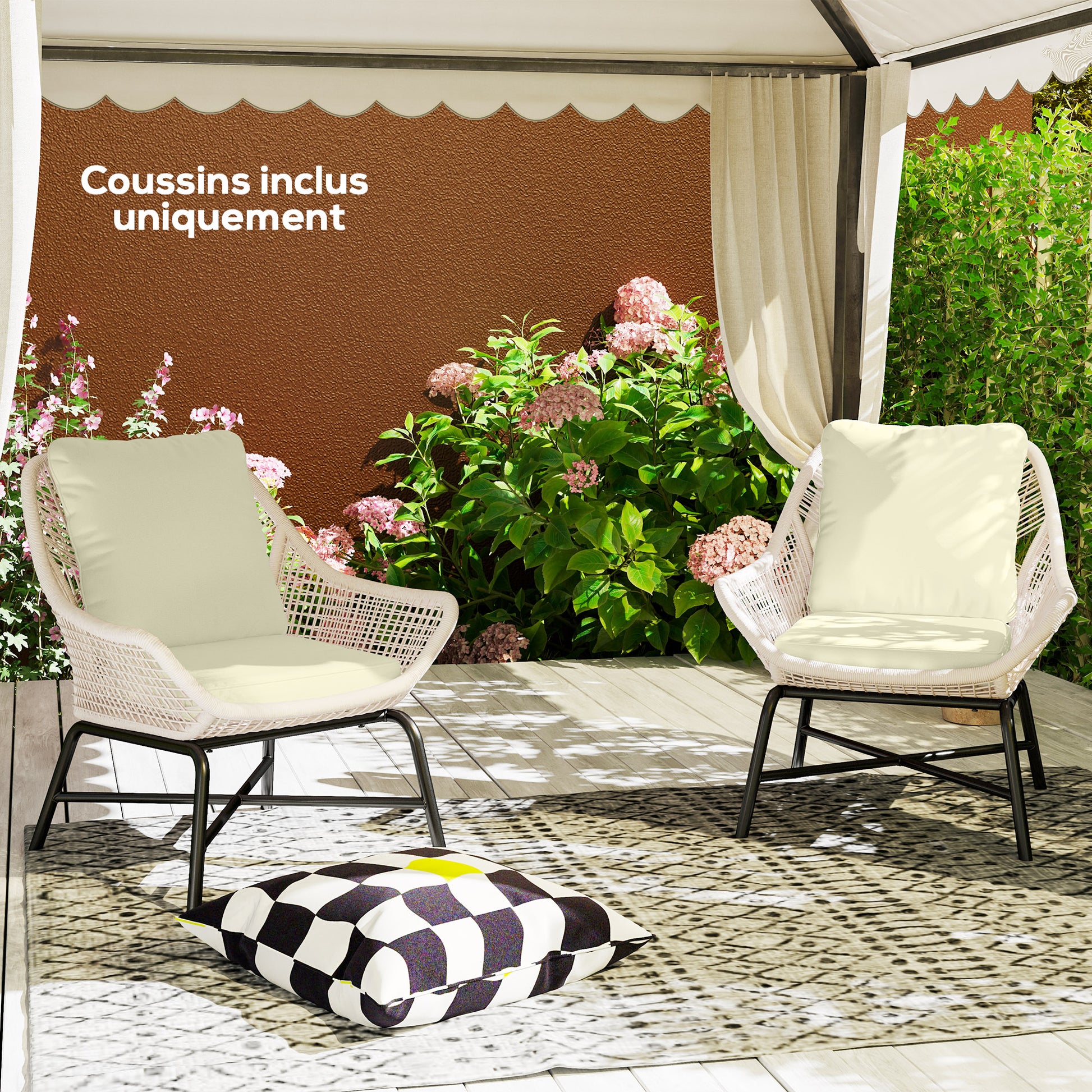 Set of 2 Seat Cushions with Backrest, Comfortable Breathable Seat and Back Cushion, Removable UV-Resistant Cover for Outdoor and Indoor, Cream