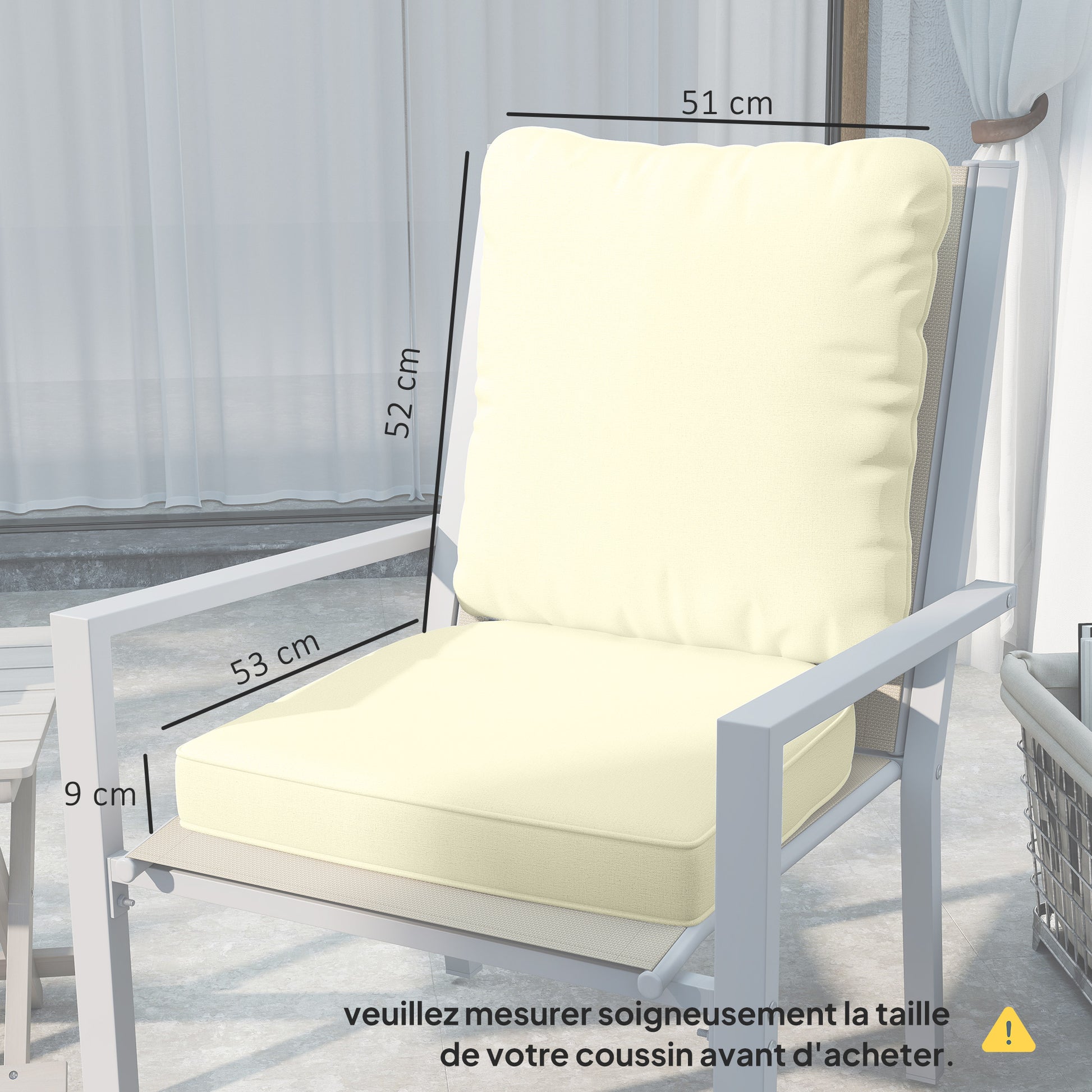 Set of 2 Seat Cushions with Backrest, Comfortable Breathable Seat and Back Cushion, Removable UV-Resistant Cover for Outdoor and Indoor, Cream