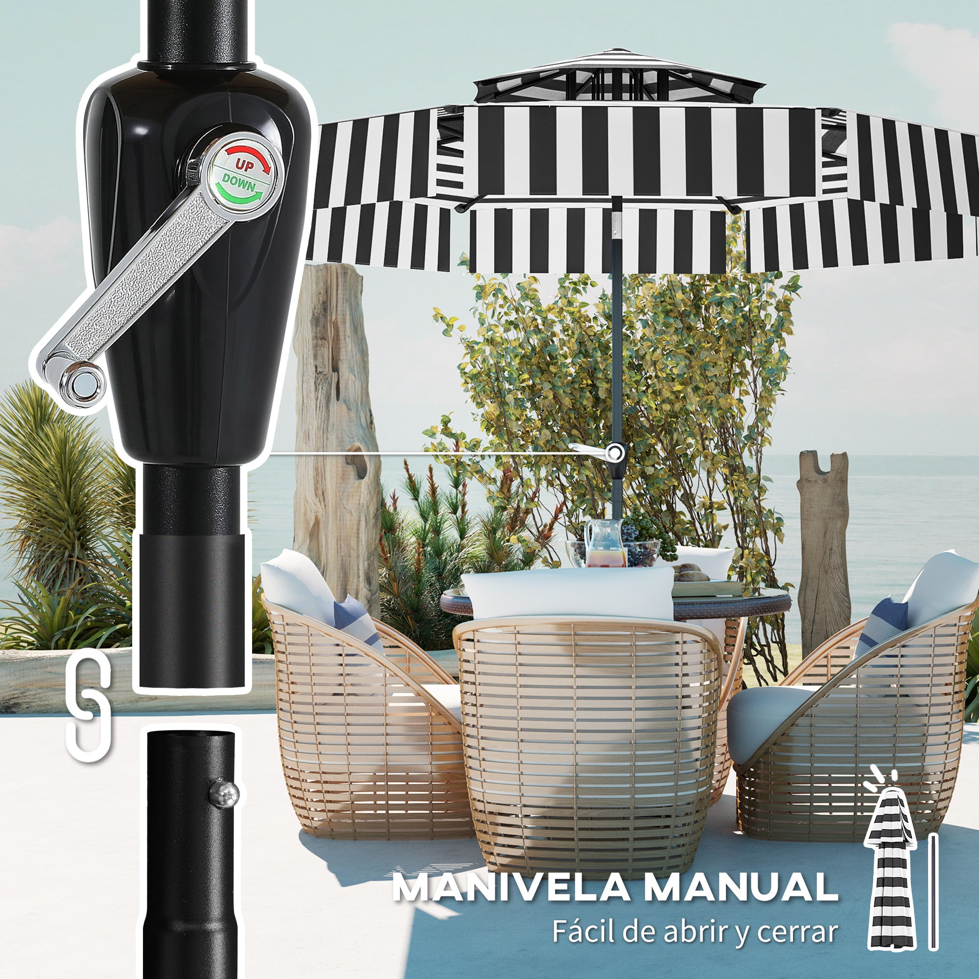 Patio Umbrella Ø263 cm Garden Umbrella with Adjustable Angle and Crank UV30+ Protection Sunshade for Patio Terrace Black and White