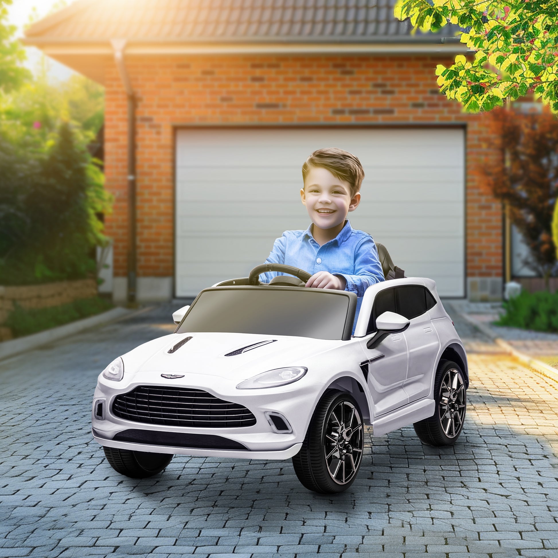 Electric Car for Kids Licensed Aston Martin DBX, 12V Electric Vehicle, with 2.4G Remote Control, LED Headlights, Music, Horn, Spring Suspension, for 3-6 years old, White