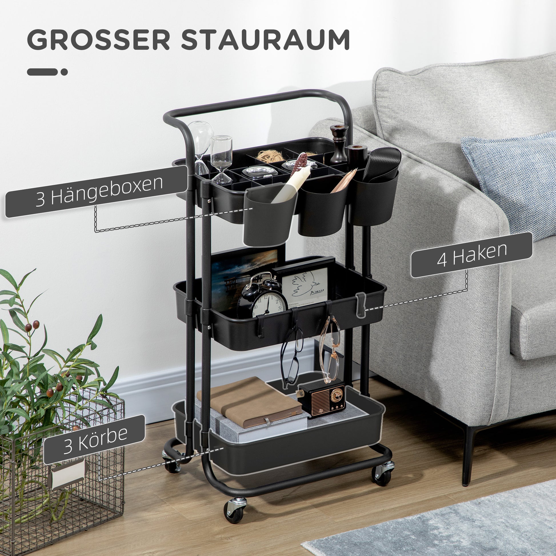 3-Tier Serving Cart with Handle, Rolling Kitchen Cart with Hooks and Storage Baskets, Multi-Purpose Cart for Kitchen, Office, Bathroom, Black