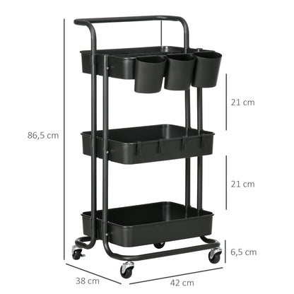 3-Tier Serving Cart with Handle, Rolling Kitchen Cart with Hooks and Storage Baskets, Multi-Purpose Cart for Kitchen, Office, Bathroom, Black