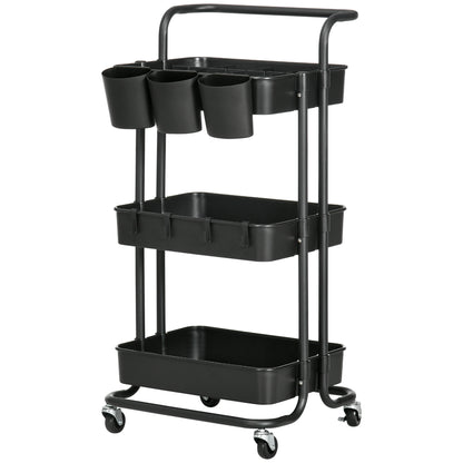 3-Tier Serving Cart with Handle, Rolling Kitchen Cart with Hooks and Storage Baskets, Multi-Purpose Cart for Kitchen, Office, Bathroom, Black
