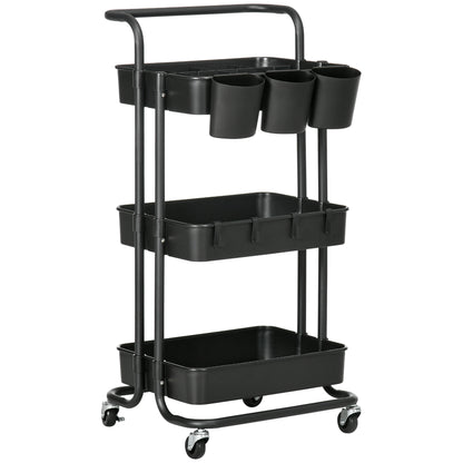 3-Tier Serving Cart with Handle, Rolling Kitchen Cart with Hooks and Storage Baskets, Multi-Purpose Cart for Kitchen, Office, Bathroom, Black