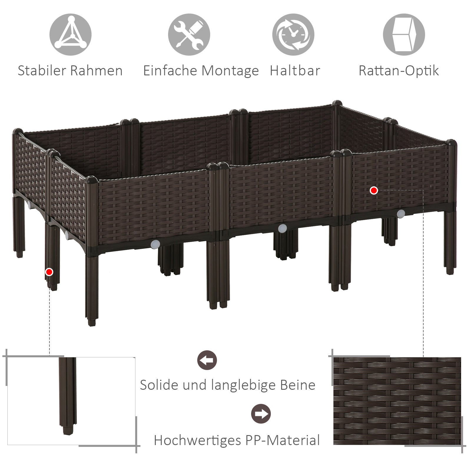 Raised Bed 6-piece Planter Box with Drain Holes Rattan-Look Planter DIY Brown 40 x 40 x 44 cm