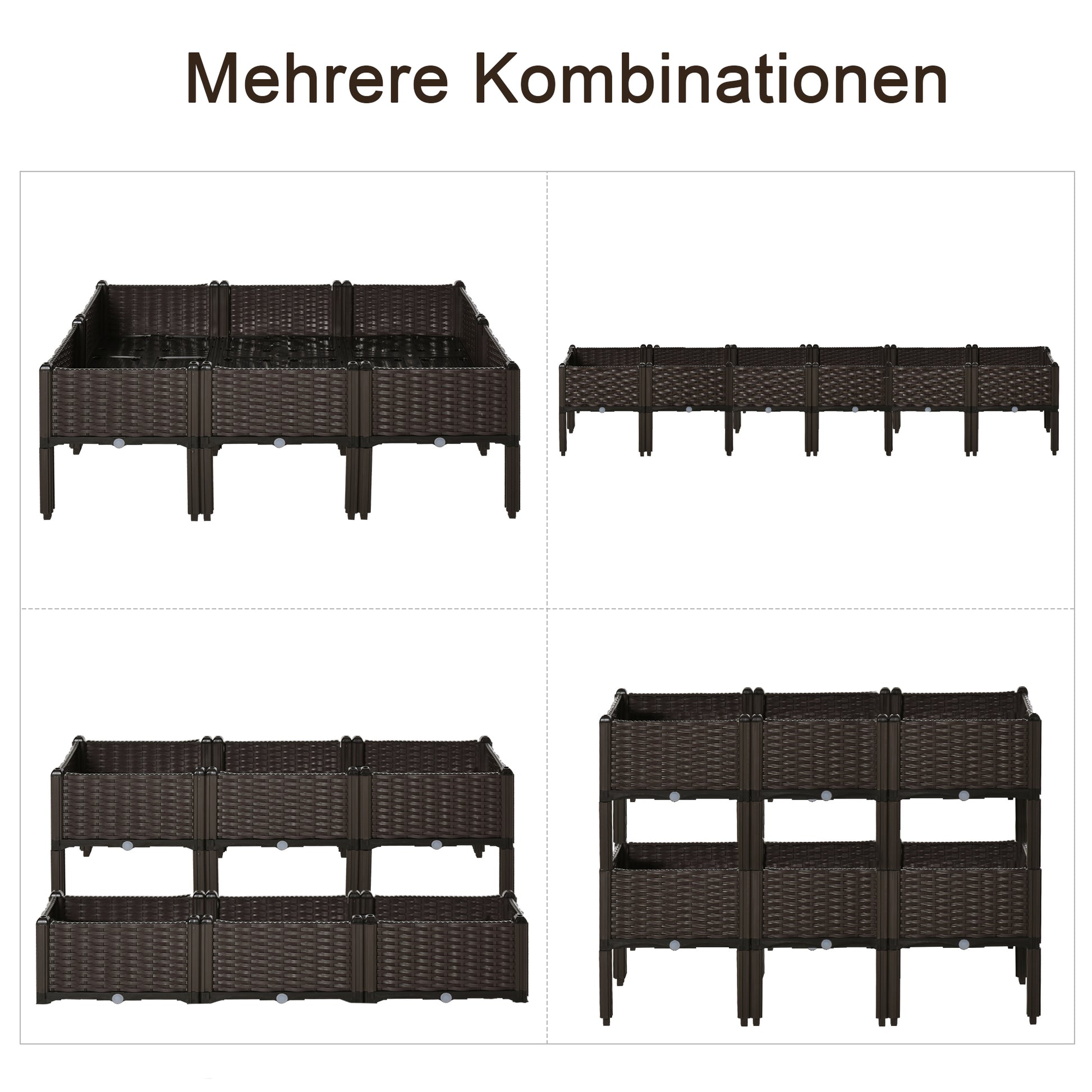 Raised Bed 6-piece Planter Box with Drain Holes Rattan-Look Planter DIY Brown 40 x 40 x 44 cm