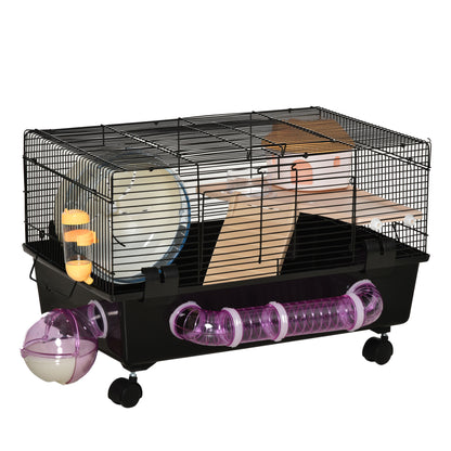 Multilevel Hamster Cage with House, Feeder, Water Bottle, Tunnel, and Wheel, Cage for Small Rodents with 4 Wheels