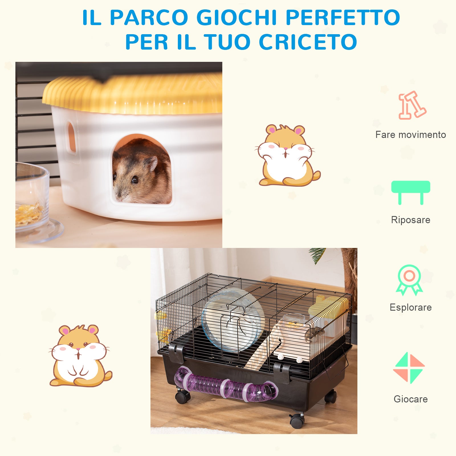 Multilevel Hamster Cage with House, Feeder, Water Bottle, Tunnel, and Wheel, Cage for Small Rodents with 4 Wheels