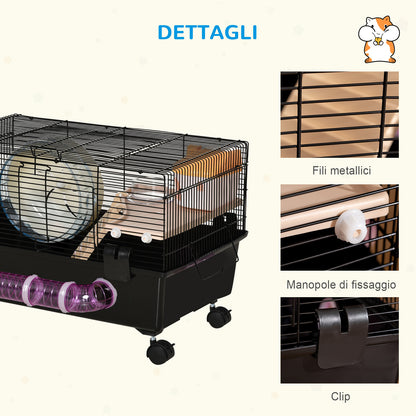 Multilevel Hamster Cage with House, Feeder, Water Bottle, Tunnel, and Wheel, Cage for Small Rodents with 4 Wheels